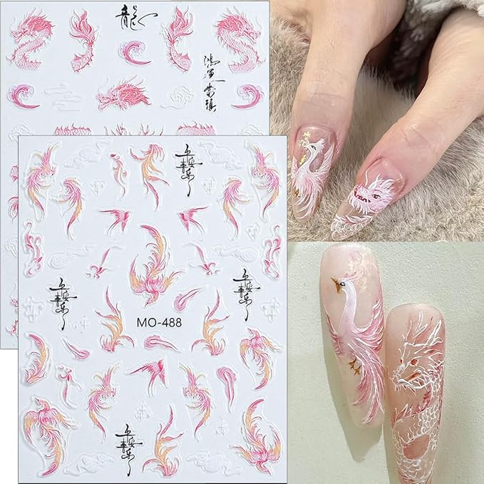 3Pcs Cute Nail Art Stickers Decals 5D Embossed Lucky Koi Fish Nail Stickers Chinese Style Design Loong Phoenix Nails Decals Pink Dragon Manicure Supplies Elegant Spring Nails Art Decorations for Women
