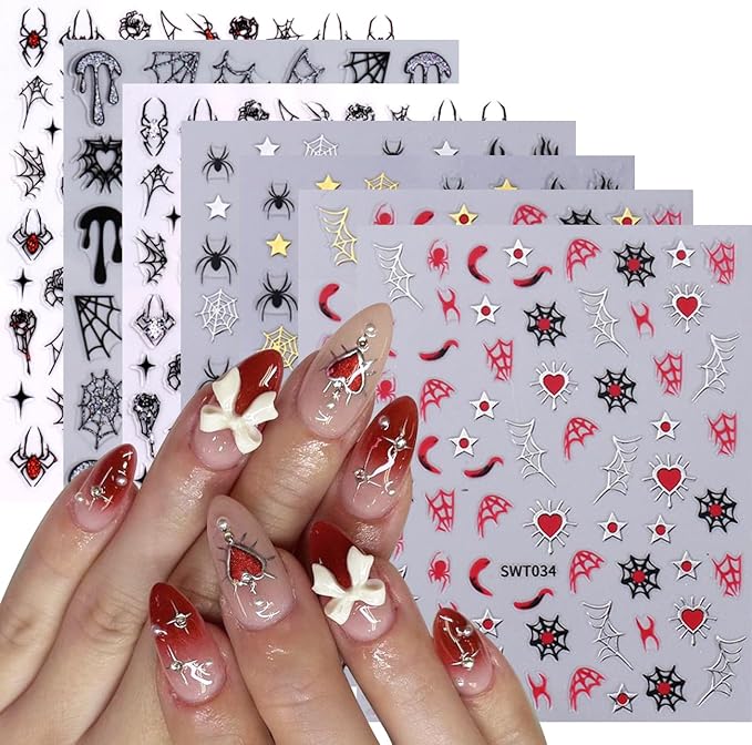 7 Sheets Halloween Nail Stickers 3D for Nail Art Glitter Heart Spider Web Flame Stars Punk Gothic Slider Manicure DIY Nail Art Decoration Accessories for Halloween Party
