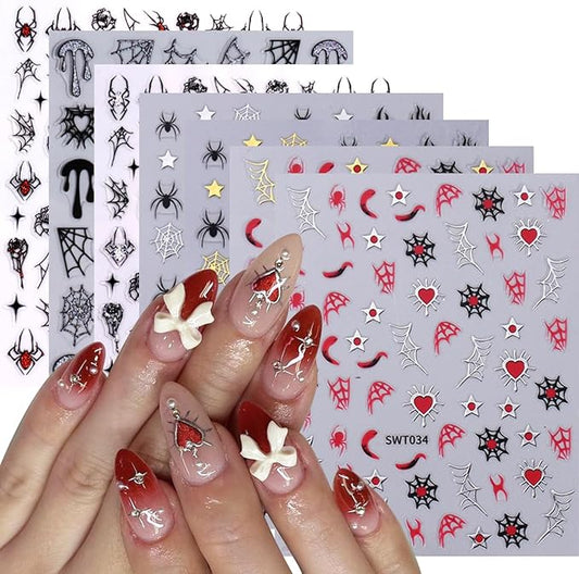 7 Sheets Halloween Nail Stickers 3D for Nail Art Glitter Heart Spider Web Flame Stars Punk Gothic Slider Manicure DIY Nail Art Decoration Accessories for Halloween Party