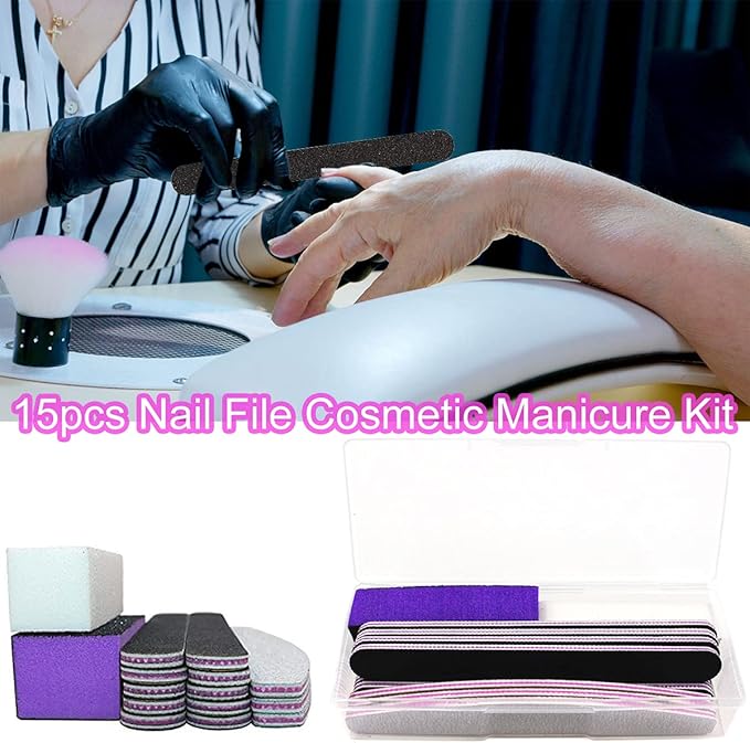 16PCS Nail Files and Buffer with Storage Box,Professional Manicure Pedicure Kit White Buffer Block Reusable 100/180 Grit Nail Files Emery Board Black for Nature Acrylic Nails Home Salon Travel Use