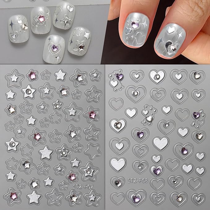 Heart Star Nail Art Stickers Decals, Gold Silver Nail Stickers,Shiny Hollow Love Stars with Diamond Nail Sticker 3D Kawaii DIY Crafts Acrylic Nails Decor for Women Nail Art Supplies 4PCS