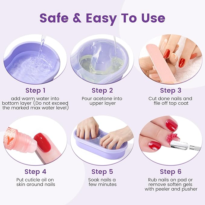 Dual Nail Soaking Bowl Acetone Proof: Soak Off Gel Nail Polish Dip Powder Remover Bowl- Cut the Soaking Time in Half Manicure Bowl for Salon Home (D2-Purple)