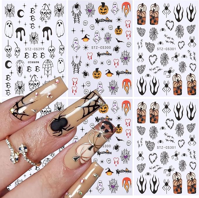 6Sheets Halloween Ghost Nail Stickers for Nail Art Set - 3D Skull Spider Heart Pumpkin Flame Star Cartoon Cute Designs Nail Decals Foil Transfer Sliders Holiday Party Halloween Manicure Decorations