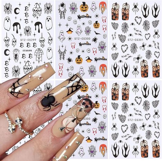 6Sheets Halloween Ghost Nail Stickers for Nail Art Set - 3D Skull Spider Heart Pumpkin Flame Star Cartoon Cute Designs Nail Decals Foil Transfer Sliders Holiday Party Halloween Manicure Decorations