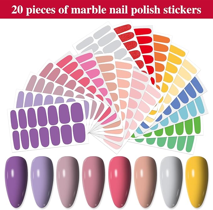 20 Sheets 280 Pieces Bright Color Solid Nail Polish Strips for Women Girls Nail Art DIY Nail Stickers Full Nail Wraps Stick On Nails Polish Stickers Set for Nails Designs