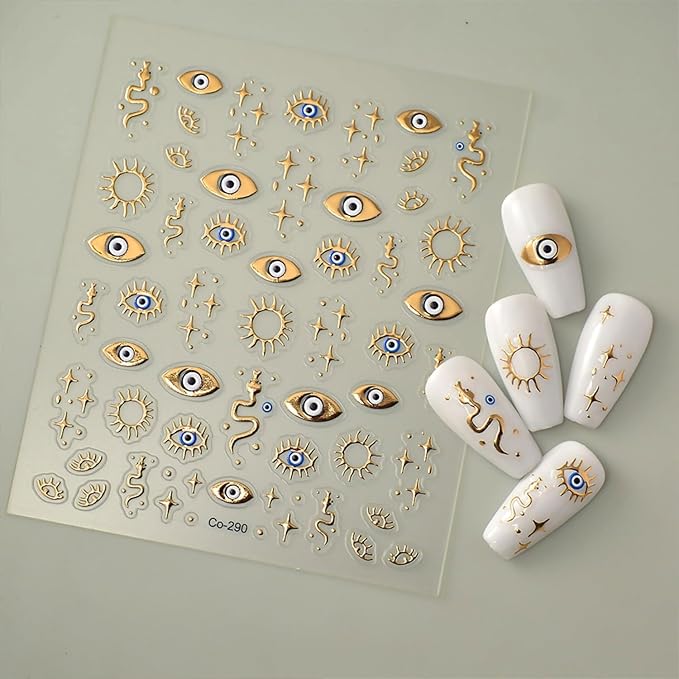 Gold Nail Stickers Evil Eye Nail Art Stickers 5D Embossed Nail Decals Gold Star Snake Design Nails Supplies for Women DIY Nail Art