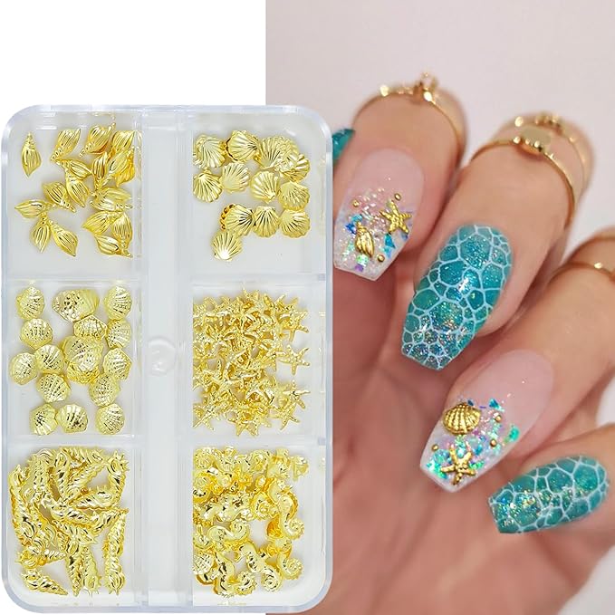 6 Grids Summer Ocean Metal Nail Art Charms 3D Beach Gold Seashell Starfish Nail Charms for Acrylic Nails Sparkling Golden Seahorse Conch Nail Art Jewelry for Women Manicure Decoration Accessory