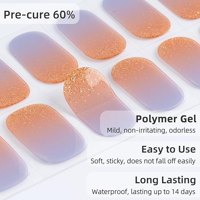 Semi Cured Gel Nail Strips | 28 PCS Gel Nail Stickers Work with Any UV Lamps, Long Lasting Nails Wraps for Women Home DIY Nails Art (Purple Sunset Glow)