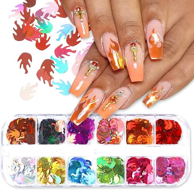 12 Colors Fire Glitter Sequins Shape Flakes Nail Art Designs Stickers Laser 3D Glitters Decor Women Girls Holographic Nail Accessories Shine Decorations
