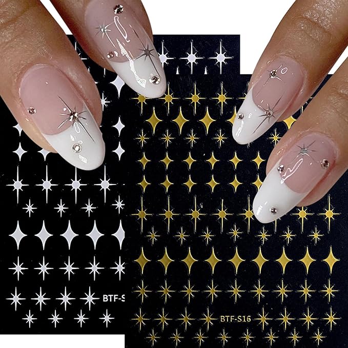 12 Sheets Star Nail Stickers Black White Nail Decals Gold Silvery Stars Design Nail Art Stickers 3D Self-Adhesive Manicure DIY for Women Acrylic Nails Supplies