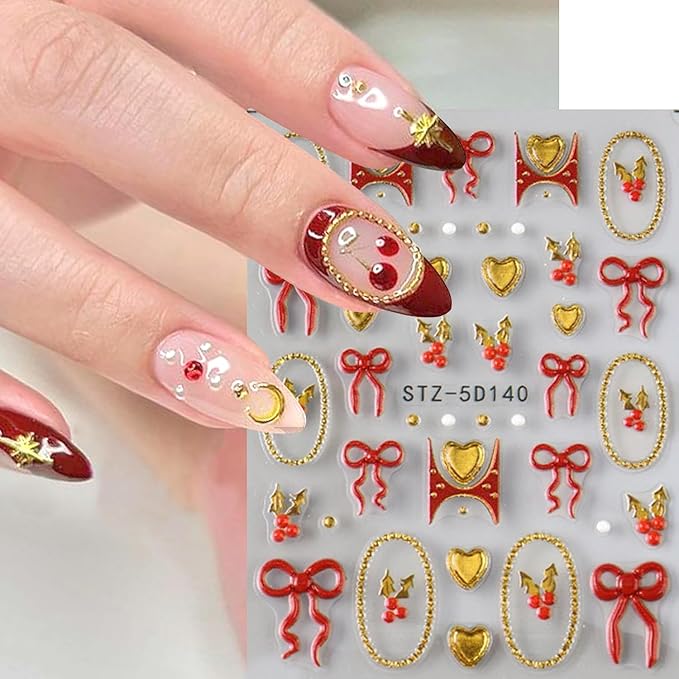 2Sheets Christmas Nail Art Stickers 5D Embossed Holly Nail Decals with Gold Beads Frame Designs Nail Stickers Self-Adhesive Red Bow Nail Decal Gold Heart Nail Sticker for Women Nails Decor Supplies
