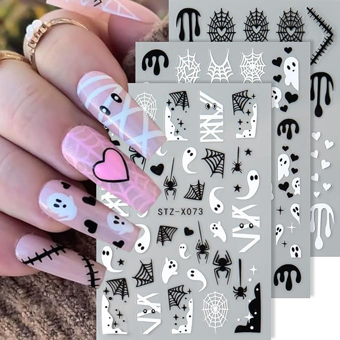 6 Sheets Halloween Nail Stickers Cute Ghost Nail Decals 3D Spider Web Goth Nail Design Sticker Scary Bloody Spider Nail Art Stickers French Manicure Decals Decoration for Women Holiday Salon Supplies