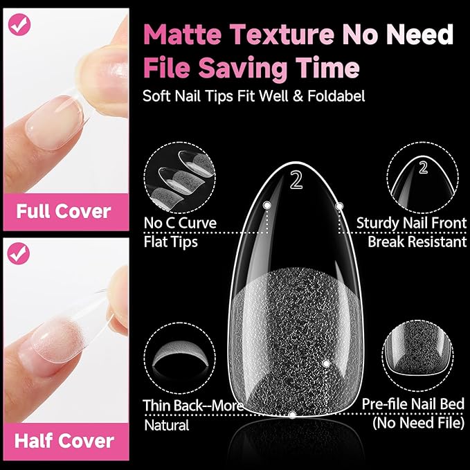 UNA GELLA Medium Almond Nail Tips, 312pcs Almond Gel Nails Tips Shape Pre Etched Full Cover Clear Fake Acrylic Pointed Press On Nails No C Curve for Nail Extension Art DIY Salon 12 Sizes