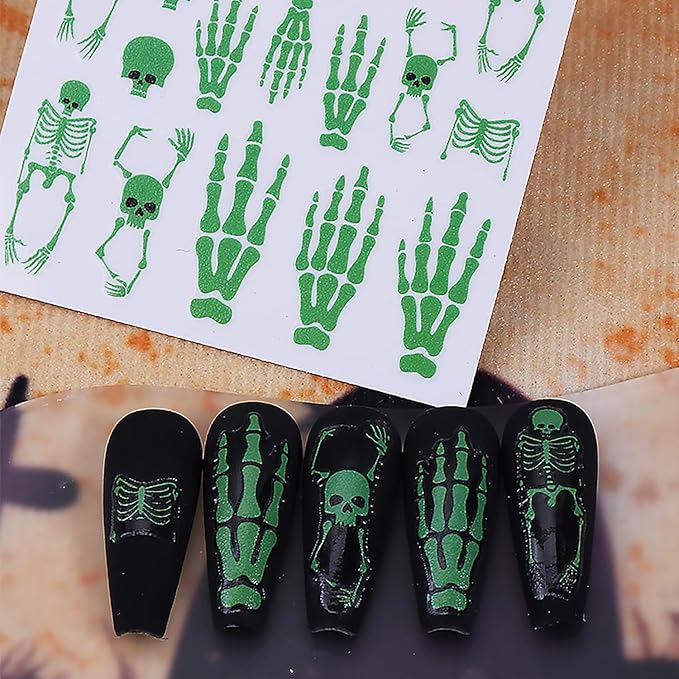 Halloween Nail Stickers,Skull and Spider Webs Design 3D Self-Adhesive Nail Decals Glow in The Dark Halloween Nail Art Decorations DIY Manicure Supplies for Women Girls 2 Sheet