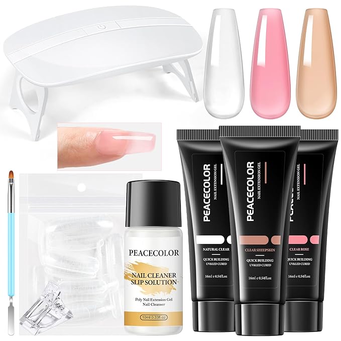 PEACECOLOR Poly Nail Gel Kit with U V Light, 3 Colors Clear Pink Nude 16ML Poly Extension Gel Nail Kit with Slip Solution for Beginners Manicure Tools DIY Home Salon Art Design