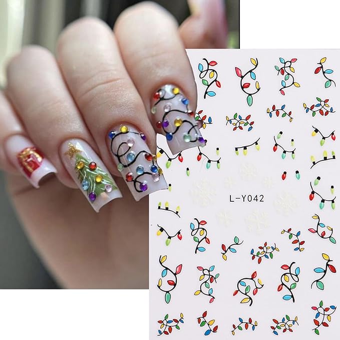 3Sheets Christmas Nail Art Stickers 3D Christmas Lights Tree Designs Nail Decals Self-Adhesive Santa Claus Gingerbread Man Nail Stickers Holly Sprigs Snowflake Nail Decal for Women DIY Manicure Decor