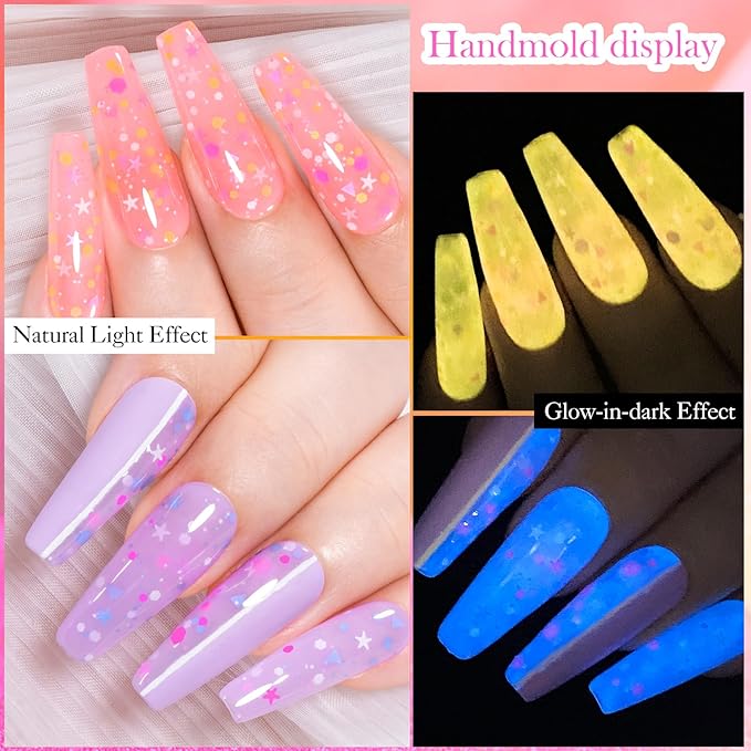 MEET ACROSS Candy Glow in the Dark Gel Nail Polish Set, 6 Colors Luminous Light Pink Yellow Purple Glow Effect Nail Polish with Sequins Soak off UV LED Cured for Home Salon DIY Manicure