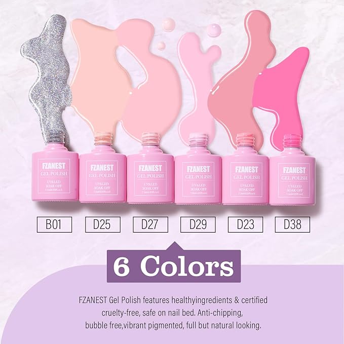 FZANEST Gel Nail Polish Set,Ligh Pink Neon Pink Sliver Glitter Gel Polish Nail Kit Soak Off Nail Polish Home DIY Manicure Nail Salon Varnish Spring Summer Colors