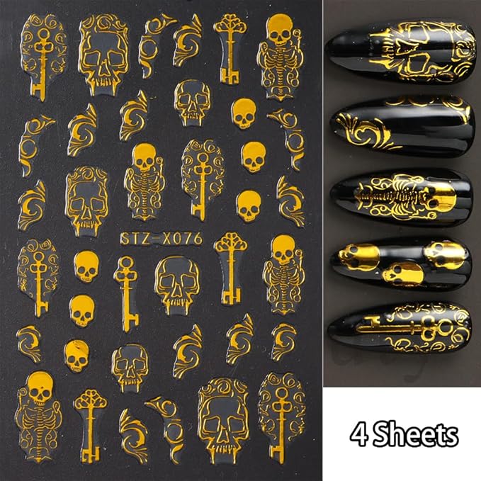 4Pcs Halloween Nail Stickers Gold Skull Nail Decals 3D DIY Self Adhesive Nail Design Sticker Halloween Nail Decoration Supplies Holiday Manicure Accessories for Women Girls