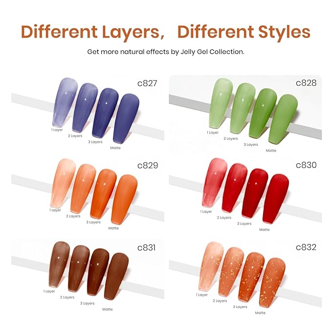 Beetles Fall Gel Polish - Fall Glimmer 6 Colors Jelly Polish Set, Tortoise Brown Orange Blue Green Jelly Colors Nail, Soak Off LED UV Curing Manicure Kit Gift for Women