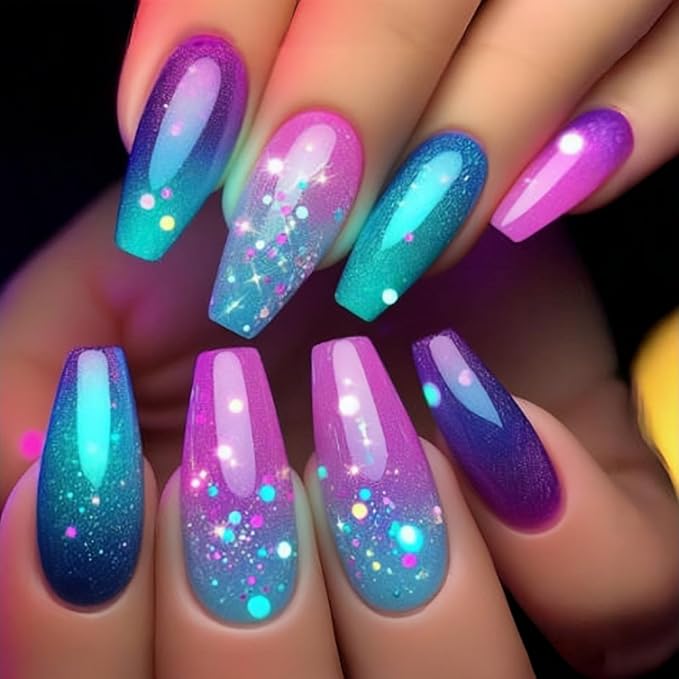 Press on Nails Medium Ballet Shaped Purple Gradient Acrylic Nail Colorful Glitter Dots Pattern Design Glossy Artificial False Nails Reusable Glue on Nails for Women Manicure Art Decoration