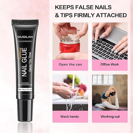 18g Semi Solid Super Strong Nail Glue for Press On Nails - No UV Lamp Needed Quick Drying & Long-Lasting Professional Solid Nail Glue Gel for Fake False Acrylic Nails Tip at Home DIY Manicure