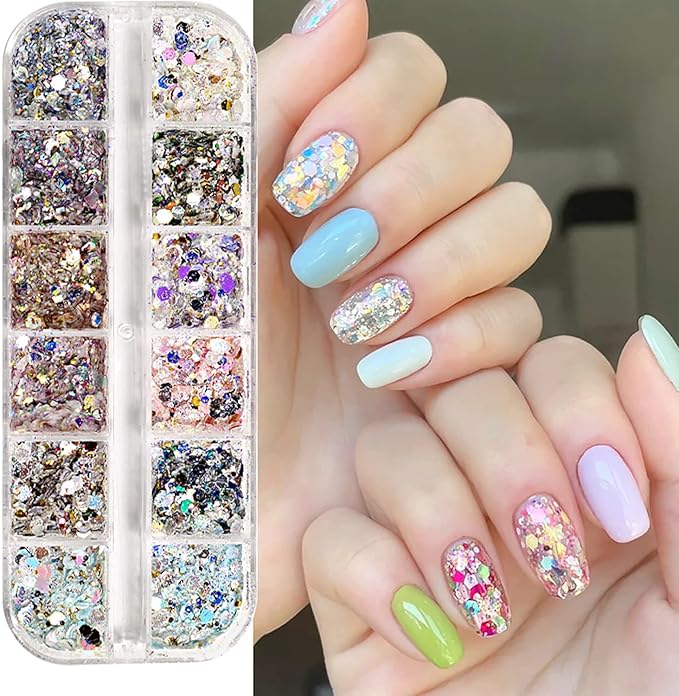 12 Colors Holographic Nail Art Glitter Sequins Chameleon Nail Sequin Hexagon Crafts Stickers Flake Nail Glitter Laser Mermaid Hexagon Confetti Glitters Design Nail Art Decoration for DIY Nail Charms
