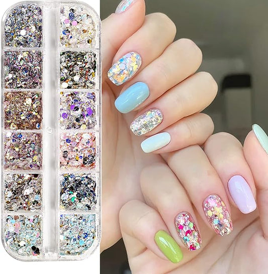 12 Colors Holographic Nail Art Glitter Sequins Chameleon Nail Sequin Hexagon Crafts Stickers Flake Nail Glitter Laser Mermaid Hexagon Confetti Glitters Design Nail Art Decoration for DIY Nail Charms