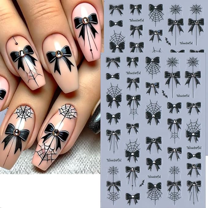 4Pcs Spider Web Halloween Nail Stickers 3D Bow Bat Spider Nail Decals Spooky Self Adhesive Black Cobweb Nail Design Sticker Halloween Nail Decoration Supplies Holiday Manicure Accessories for Women