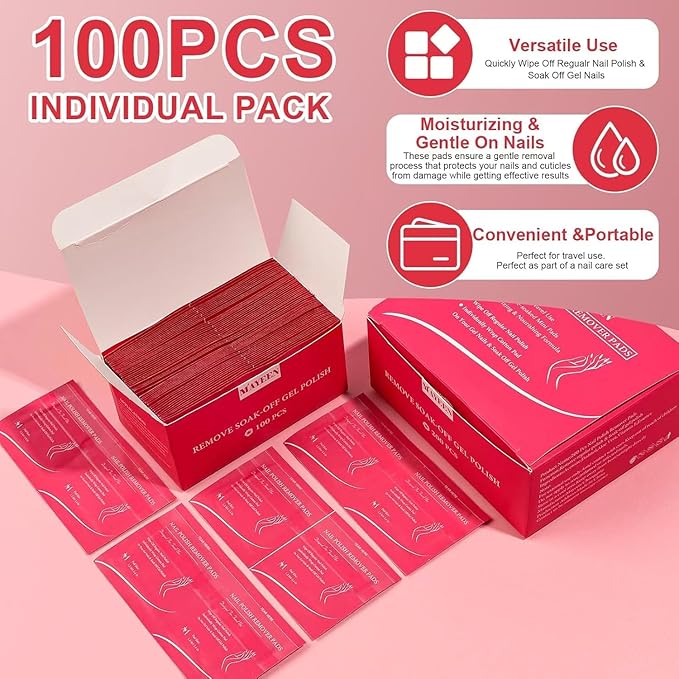MAYEEN Nail Polish Remover Pads 100 Pack Individually Wrapped Acetone Gel Polish Remover Pads Nail Polish Remover Wipes Travel Pad For Gel & Acrylic Nails Moisturizing & Gentle