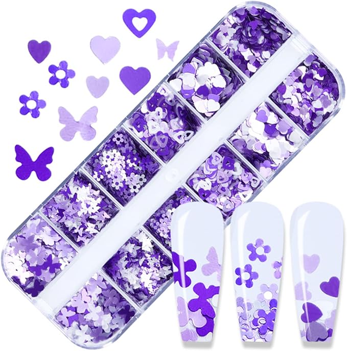 Holographic Purple Glitter Nail Art Sequins, 3D Glitters Flakes Nail Art Design, Love Heart Flowers Butterflies Acrylic Nails Supplies Accessories False Fingernails Manicure Charms Decorations Set