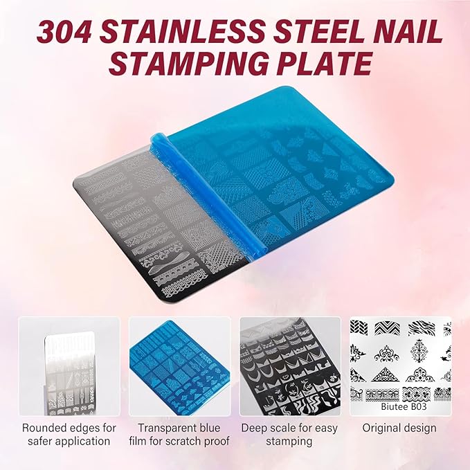 Biutee Nail Stamping Kit 2Pcs Nail Art Stamping Plates 4Pcs Stamping Gel Polish French Tip Nail Stamp Kit 110 Patterns with Silicone Stamper Scraper Large Lace Stamp Template Christmas Gift for Women