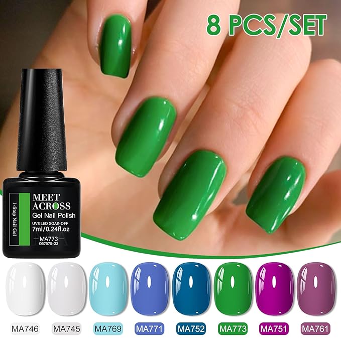 MEET ACROSS 1 Step Gel Polish Set Nail Art Manicure 3 in 1 Gel Kit Soak Off LED Gel Nail Varnishes No Need base gel top coat (Set-4, 8PCS)