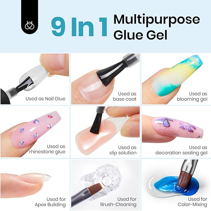 beetles Gel Polish 9 in 1 Nail Glue with New Formula, 0.5 Fl Oz Super Strong Brush in Nail Gel Glue for False Nails Tips, Rhinestone, Base Gel, Blooming Nail Gel, U V Light Required