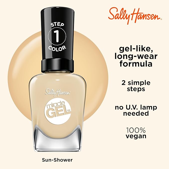 Sally Hansen Miracle Gel Salon Quality Nail Polish | Gel-Like Formula, Two-Step System, No UV Light Needed, Long Lasting | Semi-Opaque | 771 Sun-Shower | Beige Yellow Nail Color