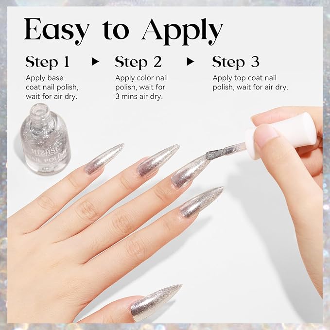 MIZHSE Quick Dry Glitter Nail Polish, Silver Nail Polish Air Dry Fast, 15ml 0.5 fl oz High Glossy Sparkle Shiny Shimmery Chrome Nail Pigment Nail Art Salon Manicure Home