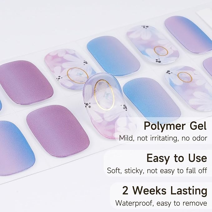 28pcs Semi Cured Gel Nail Strips, Gel Nail Stickers Kit Work with Any UV Lamps, Long Lasting Nails Wraps for Women, Easy to Use and Remove (Camellia Sea)