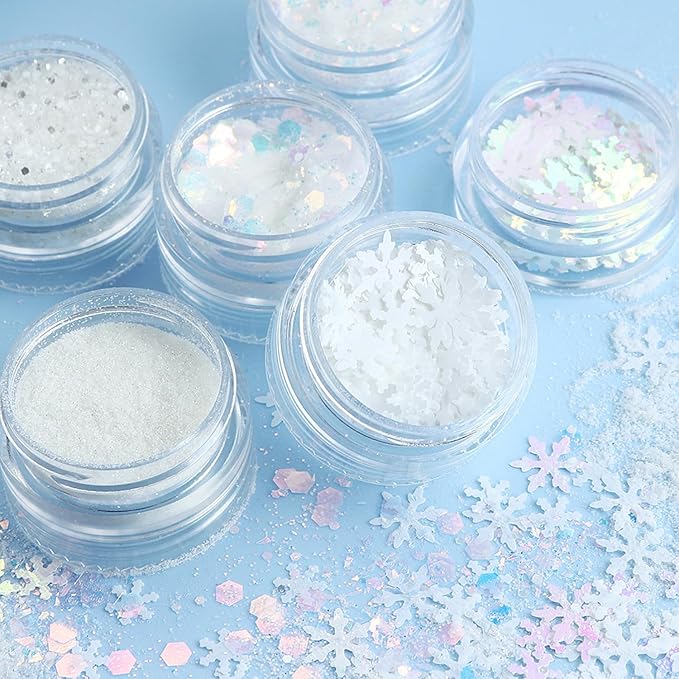 Snowflake Nail Art Glitter White Blue Winter Nail Sequins Flakes, White Manicure fine Glitter Powder, 3D Holographic Round Hexagon Nail Stickers Decals Supplies Nail Charms for Women 6 Box