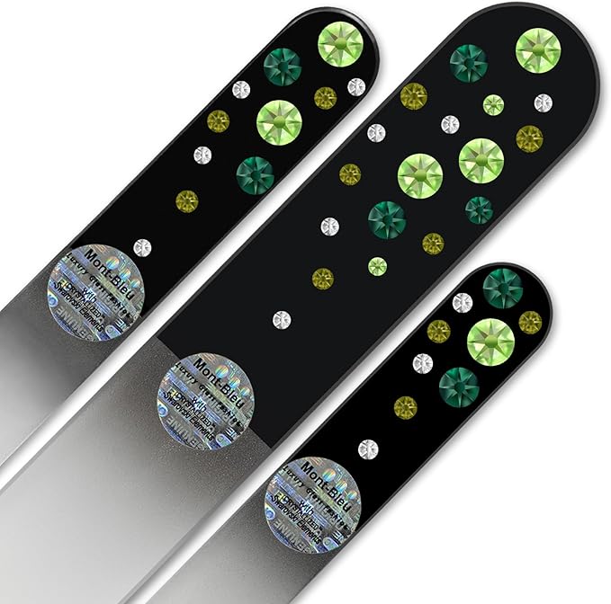 Mont Bleu Set of 3 Glass Nail Files hand decorated with crystals - Handmade - Czech Tempered Glass