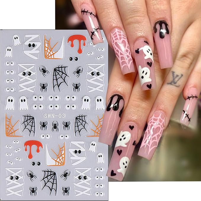 3Pcs Halloween Nail Stickers 5D Embossed Flower Ghost Nail Decals Spider Web Pumpkin Bandage Design Goth Spider Nail Art Stickers French Mummy Skeleton Nails Supplies for Women Holiday Manicure Decor
