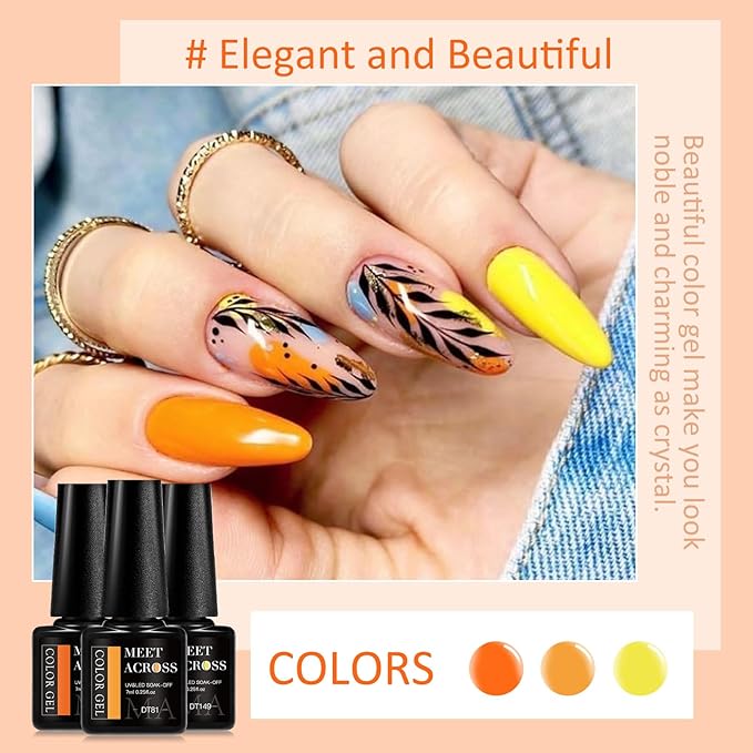 MEET ACROSS Gel Nail Polish Set 8 Fall Colors Yellow Orange Pumpkin Gel Nail Polish Kit Halloween Nails Soak Off Nail Art Manicure Home Gift for Women Girl