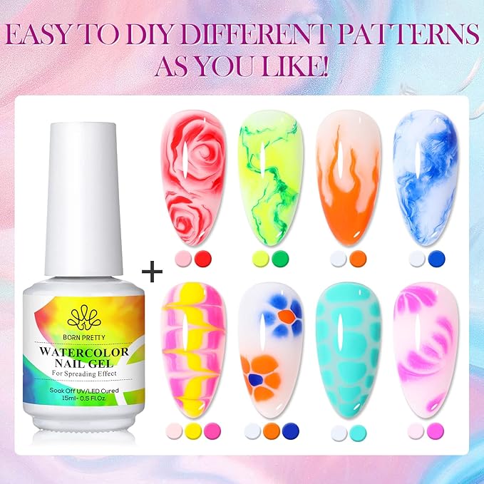 Born Pretty Nail Blooming Gel, 15ml Clear Clear U V Led Blossom Gel Polish for Spreading Effect Marble Natural Stone Watercolor Floral Print Nail Art DIY Design Manicure Valentine's Day Gift