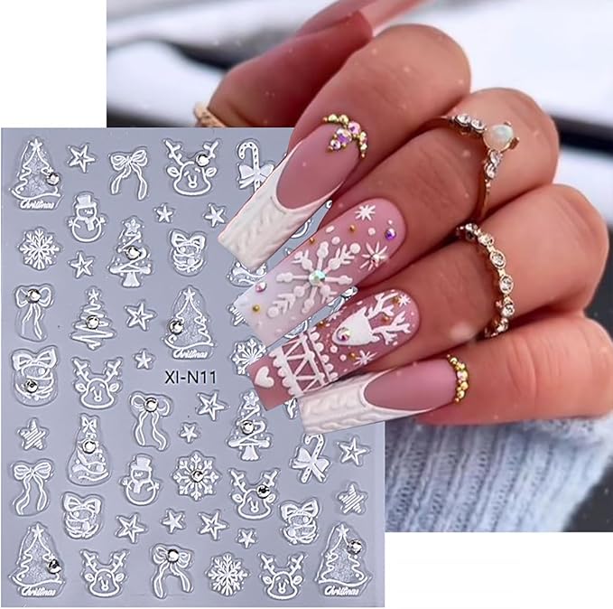 2 Sheets Christmas 5D Embossed Nail Art Stickers Gold Silver Xmas Trees Elk Star Snowman Decals with Glitter Rhinestones Design Winter Holiday Stickers for Women DIY Nails