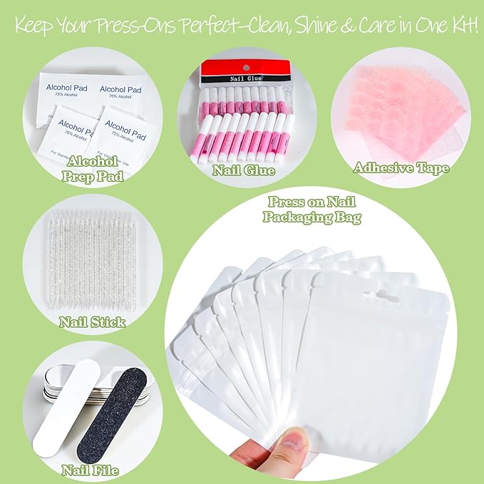 Press On Nail Tool Kit with Everything, Bebbtiy Press On Nail Prep Tool Kit Disposable Manicure Kit with Nail File, Nail Glue, Prep Pads, Adhesive Nail Tabs, Wood Stick, Packaging Bag (20pcs-white)