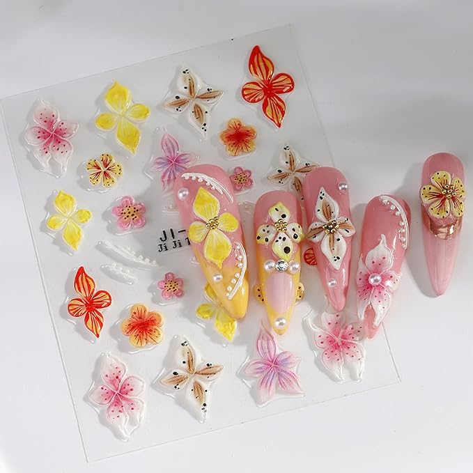 Flower Nail Art Stickers, 4PCS 5D Embossed Sticker for Nail Art, Spring Floral Nails Design 5D Relief Decals Hibiscus Flowers Nail Adhesive Sticker Slider Charm Decor DIY Manicure Accessories Supplies