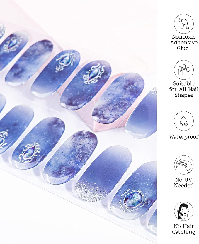 Nail Polish Strips - 22 Pcs Salon Quality Gel Nail Stickers - Long Lasting Wraps (Mystery of The Deep Blue)