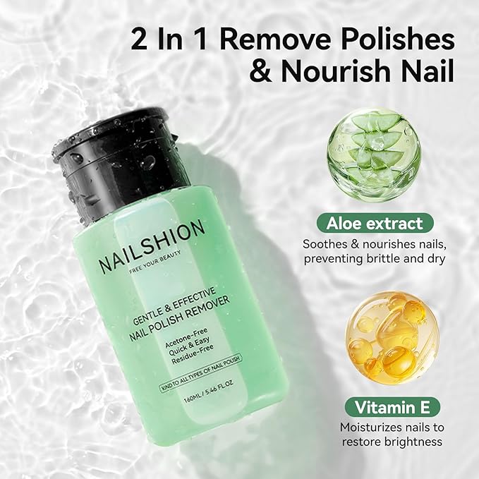 Nail Polish Remover with Aloe Vera, Non-Acetone Fingernail Polish Remover with Easy Push-down Pump, VE Non-Drying 5-10s Effectively to Clear Quick Dry Nail Polishes, 160ml