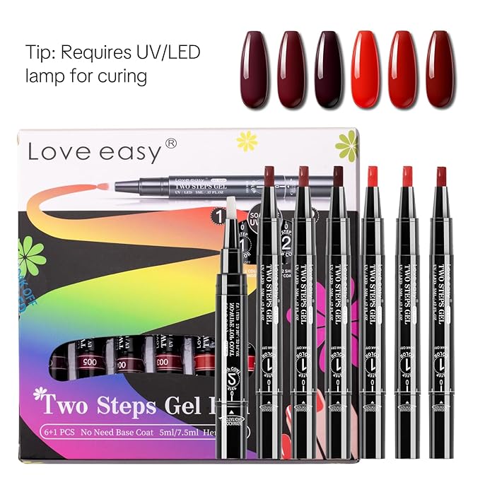 2-Step Gel Nail Polish Pens with No-Wipe Top Coat, 6 Colors Red Nail Polish Set, Quick Dry Long Lasting Gel Polish, Beginner Friendly Nail Art Pen, UV/LED Lamp Required, Portable for Travel