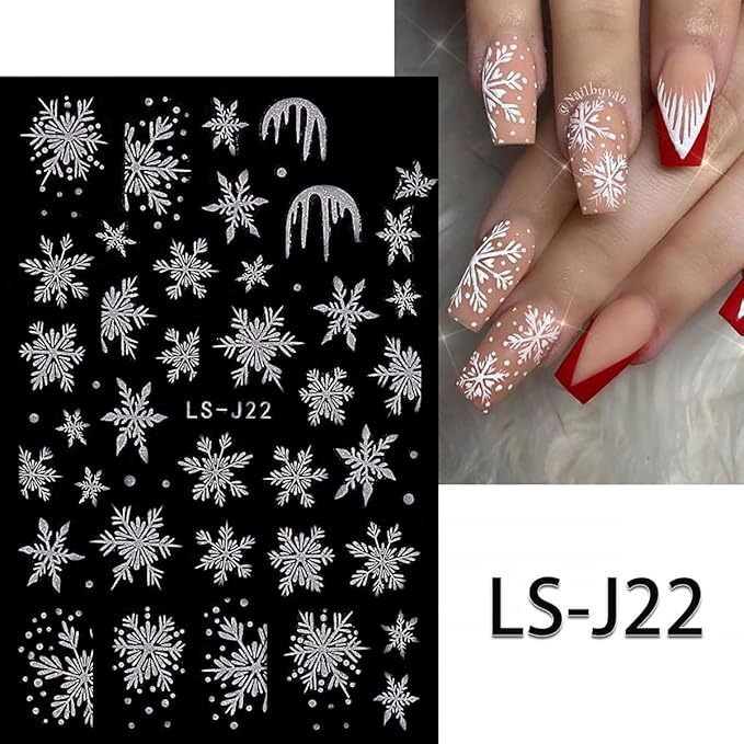 8 Sheets Christmas Snowflake Nail Art Stickers - White Glitter 3D Self-Adhesive Design for Winter Manicure - Cute Decals for Women