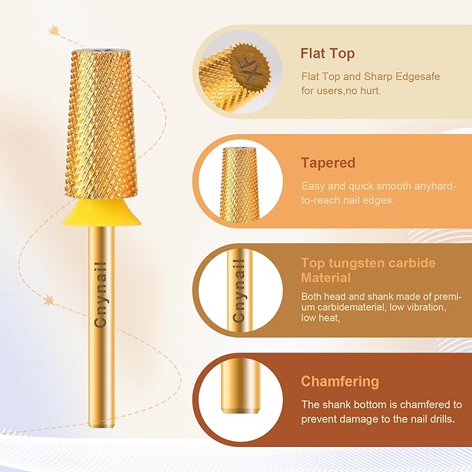3/32" Large Tapered Barrel Flat Bit Tungsten Carbide Nail Drill Bit Safety Bit for Gel & Acrylic Removal, 2- Way Rotating Efile Tip, Salon Electric File Accessory (XF Girt, Gold)